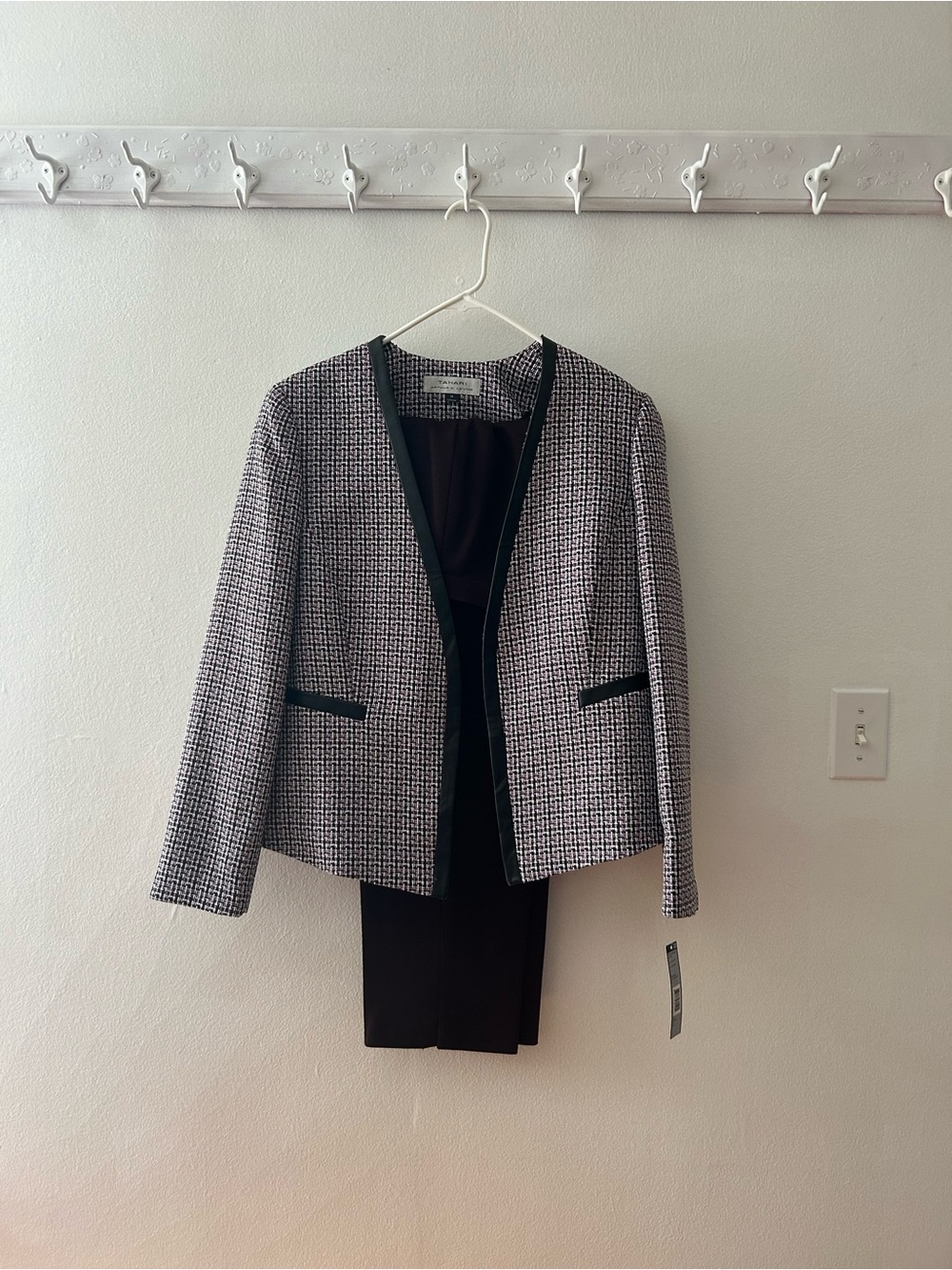 Tahari Black, purple and White Tweed Collarless Blazer with slacks